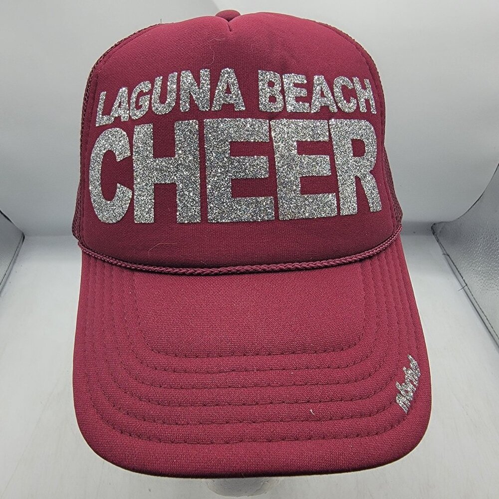 Laguna Beach Cheer Burgundy Trucker Hat Cap Glitter Letters Adjustable Casual